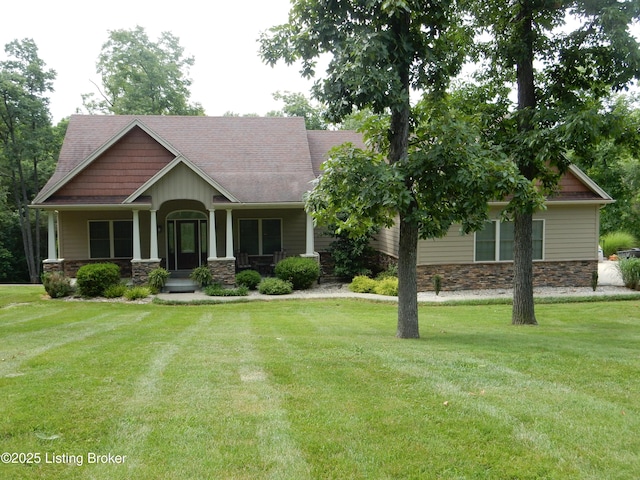 193 Pare Ct, Shepherdsville, KY 40165 - craftsman-style home with stone siding, a front lawn, a porch, and a shingled roof