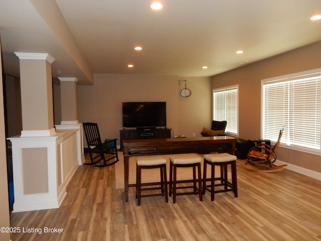 193 Pare Ct, Shepherdsville, KY 40165 - living area featuring light wood finished floors, recessed lighting, and ornate columns