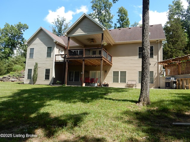 193 Pare Ct, Shepherdsville, KY 40165 - rear view of property featuring a ceiling fan, a yard, a pergola, a wooden deck, and roof with shingles