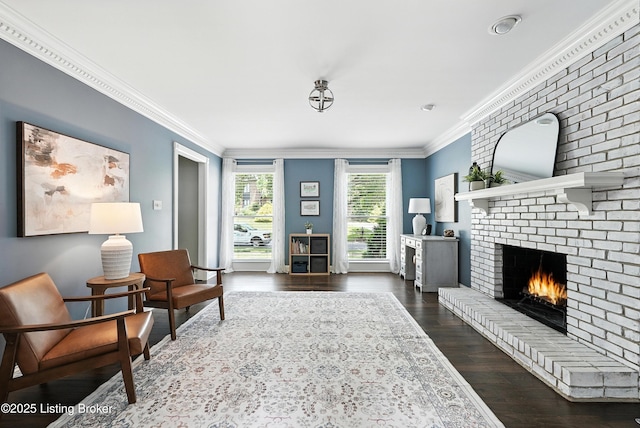 12512 Kirkham Rd, Louisville, KY 40299 - living area featuring a brick fireplace, dark wood-style flooring, and crown molding