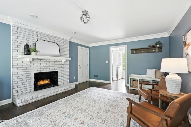 12512 Kirkham Rd, Louisville, KY 40299 - living room with crown molding, dark wood-type flooring, and a fireplace