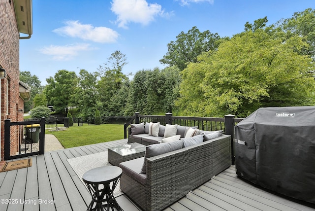 12512 Kirkham Rd, Louisville, KY 40299 - deck featuring outdoor lounge area, a grill, a fenced backyard, and view of wooded area