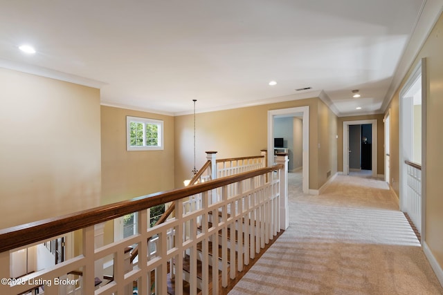 9906 Glen Vista Dr, Prospect, KY 40059 - corridor featuring an upstairs landing, crown molding, light colored carpet, and recessed lighting
