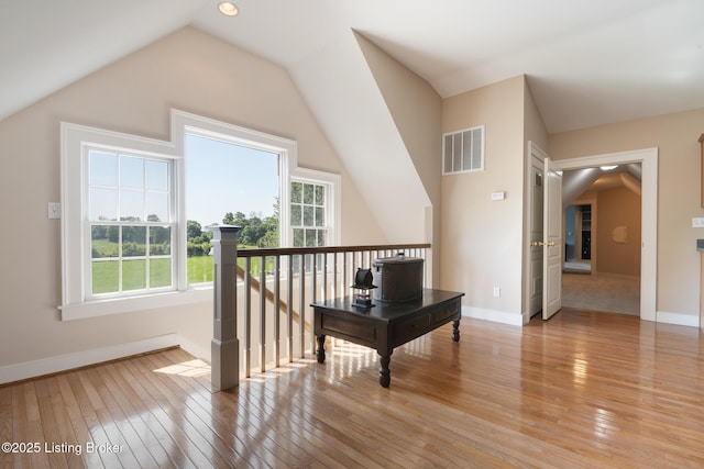 9906 Glen Vista Dr, Prospect, KY 40059 - hallway featuring light wood-style floors, an upstairs landing, and vaulted ceiling