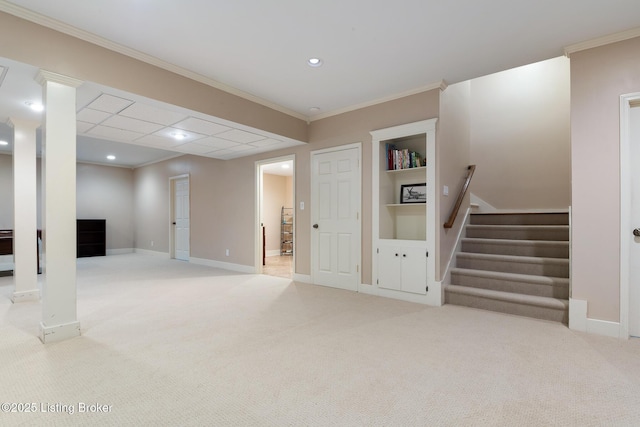 9906 Glen Vista Dr, Prospect, KY 40059 - below grade area featuring light carpet, stairs, built in features, and recessed lighting