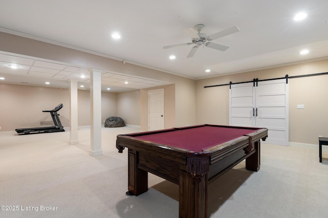 9906 Glen Vista Dr, Prospect, KY 40059 - recreation room featuring a barn door, light colored carpet, recessed lighting, billiards table, and ceiling fan