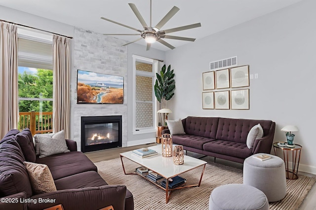 7103 Star Barn Ln, Crestwood, KY 40014 - living room featuring ceiling fan, a fireplace, and wood finished floors