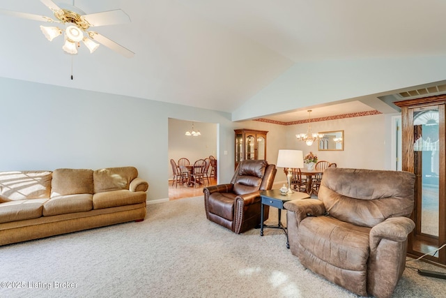 6708 Island Pointe Pl, Louisville, KY 40258 - living room featuring a chandelier, lofted ceiling, and carpet