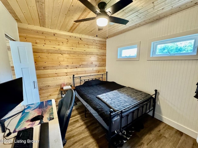 9068 Mackville Rd, Springfield, KY 40069 - bedroom with wood ceiling, wood finished floors, wooden walls, and a ceiling fan
