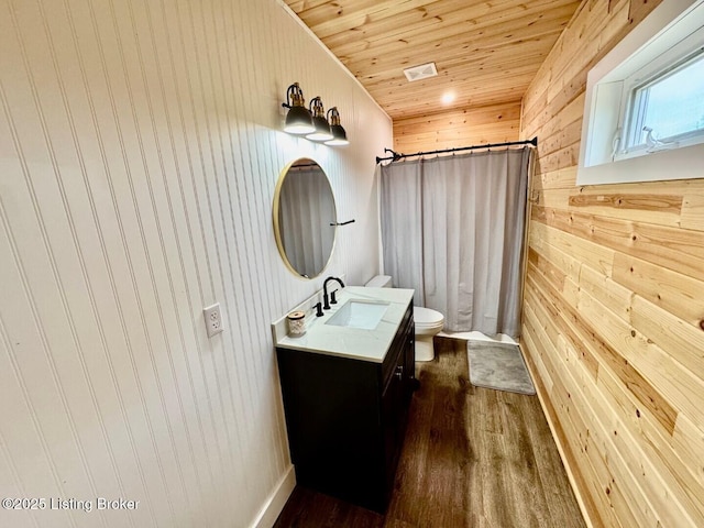 9068 Mackville Rd, Springfield, KY 40069 - bathroom with wooden walls, wood finished floors, wood ceiling, vanity, and curtained shower