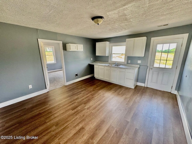 6234 Mackville Rd, Springfield, KY 40069 - kitchen with dark wood-style flooring, white cabinets, light countertops, and a textured ceiling
