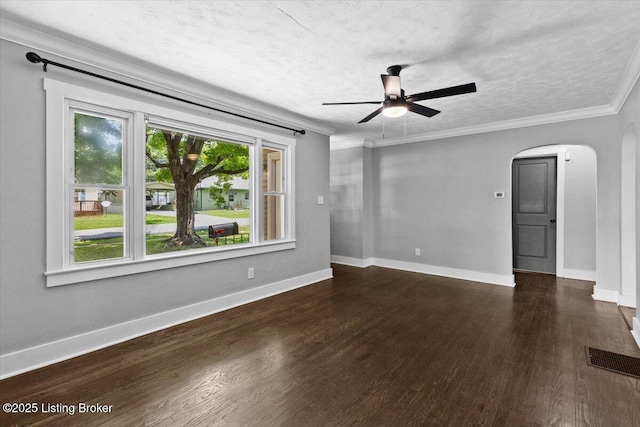428 Pennsylvania Ave, Elizabethtown, KY 42701 - unfurnished room featuring arched walkways, ceiling fan, wood finished floors, ornamental molding, and a textured ceiling