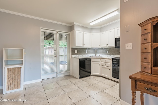 4116 Stoneview Dr Unit 1, Louisville, KY 40207 - kitchen with black appliances, ornamental molding, decorative backsplash, white cabinets, and light tile patterned floors