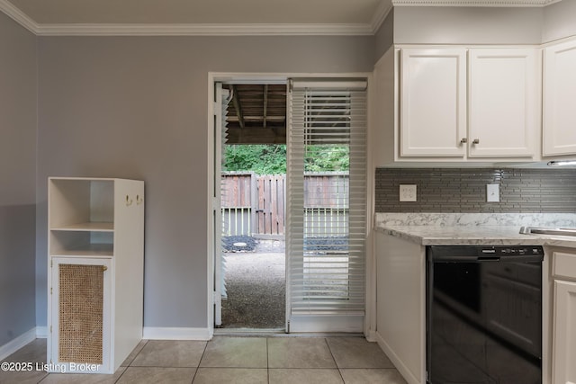 4116 Stoneview Dr Unit 1, Louisville, KY 40207 - kitchen with black dishwasher, light tile patterned floors, white cabinets, tasteful backsplash, and ornamental molding
