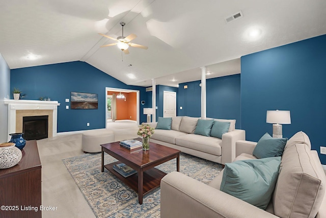 223 Rebecca Ann Ct, Elizabethtown, KY 42701 - living area with ceiling fan, lofted ceiling, carpet floors, and a fireplace