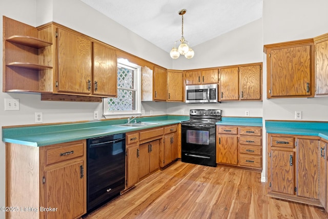 360 Van Buren Rd, Mount Eden, KY 40046 - kitchen featuring black appliances, vaulted ceiling, light wood-type flooring, and brown cabinets