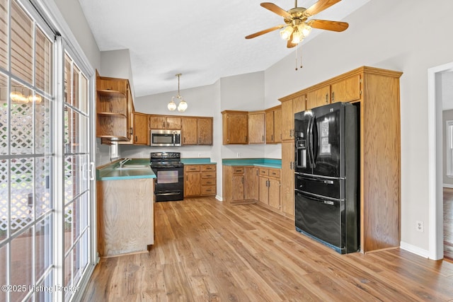 360 Van Buren Rd, Mount Eden, KY 40046 - kitchen featuring black appliances, lofted ceiling, light wood finished floors, open shelves, and brown cabinetry