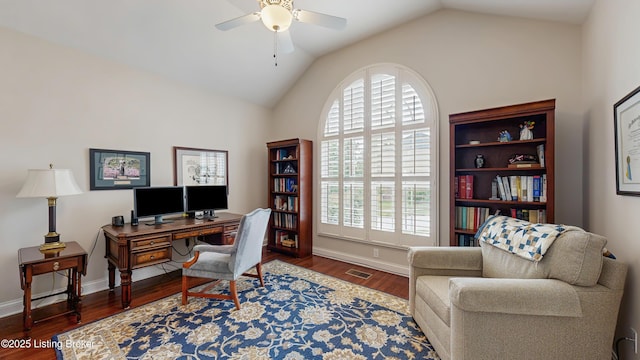 734 Dehart Ln, Louisville, KY 40243 - office space featuring plenty of natural light, a ceiling fan, vaulted ceiling, and wood finished floors