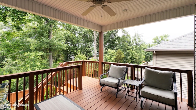 734 Dehart Ln, Louisville, KY 40243 - wooden terrace with ceiling fan and view of wooded area