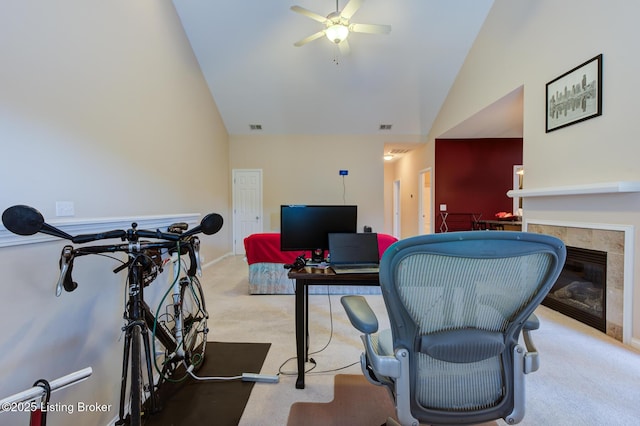 344 S Dorsey Ln Unit 344, Louisville, KY 40223 - office featuring vaulted ceiling, carpet floors, a ceiling fan, and a tiled fireplace