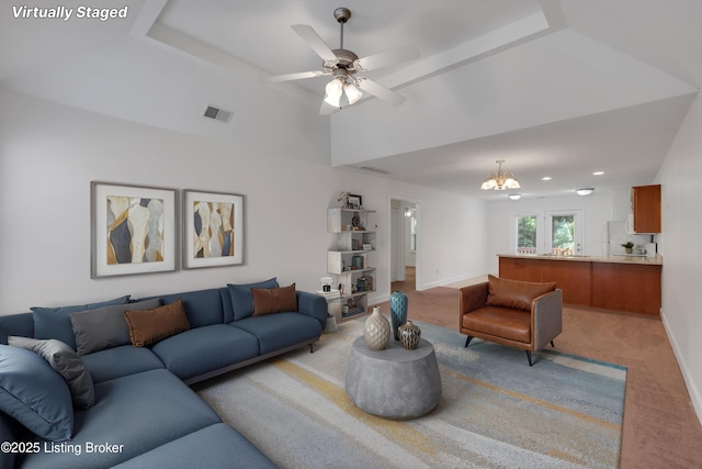 7230 Michael Benjamin Cir, Crestwood, KY 40014 - living area featuring light carpet, a chandelier, ceiling fan, and recessed lighting