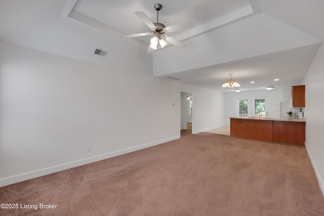 7230 Michael Benjamin Cir, Crestwood, KY 40014 - unfurnished living room with a chandelier, light carpet, a ceiling fan, recessed lighting, and a tray ceiling