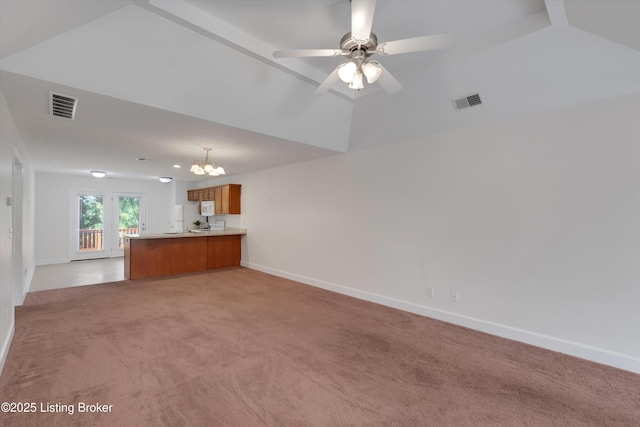 7230 Michael Benjamin Cir, Crestwood, KY 40014 - unfurnished living room with a chandelier, light colored carpet, vaulted ceiling, and a ceiling fan