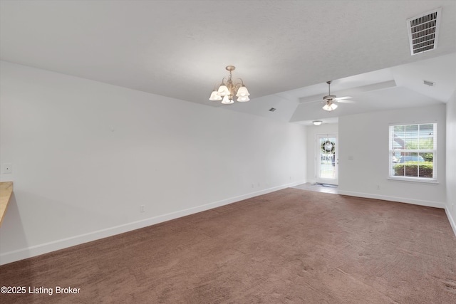 7230 Michael Benjamin Cir, Crestwood, KY 40014 - carpeted spare room featuring a chandelier, ceiling fan, and vaulted ceiling