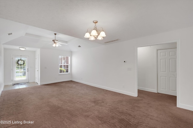 7230 Michael Benjamin Cir, Crestwood, KY 40014 - unfurnished living room featuring carpet floors, a ceiling fan, and a chandelier