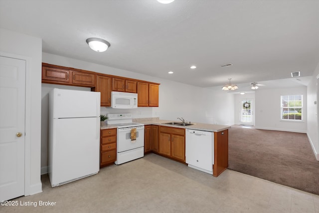 7230 Michael Benjamin Cir, Crestwood, KY 40014 - kitchen featuring white appliances, light colored carpet, light countertops, a peninsula, and open floor plan