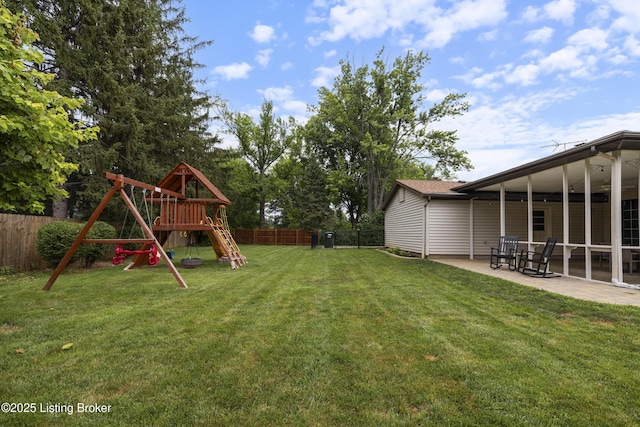 614 Armadale Pl, Douglass Hills, KY 40243 - fenced backyard with a playground and a patio