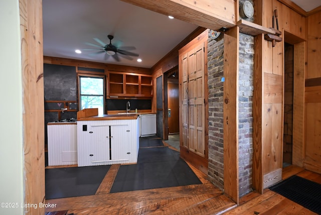 1819 Eastern Pkwy, Louisville, KY 40204 - kitchen featuring open shelves, ceiling fan, dark wood-style flooring, white dishwasher, and recessed lighting