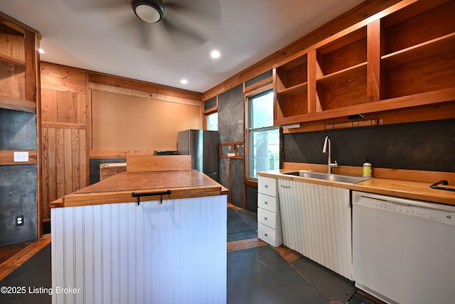 1819 Eastern Pkwy, Louisville, KY 40204 - kitchen with white dishwasher, wood counters, open shelves, a ceiling fan, and freestanding refrigerator