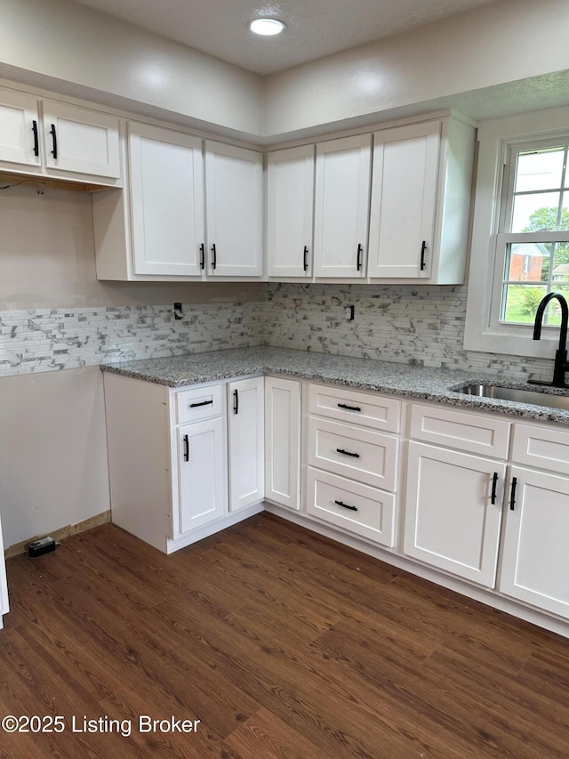106 Sunflower Dr, Campbellsville, KY 42718 - kitchen with white cabinets, light stone counters, dark wood-style floors, and recessed lighting