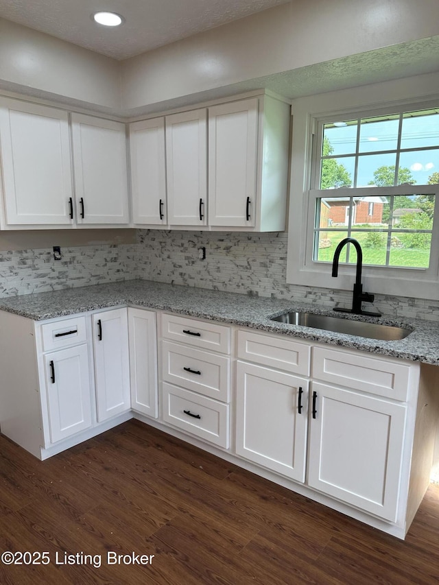 106 Sunflower Dr, Campbellsville, KY 42718 - kitchen with dark wood finished floors, white cabinets, light stone counters, and recessed lighting