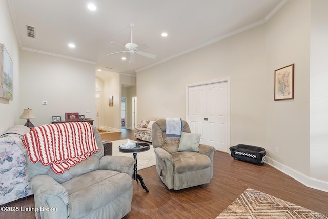 3105 Arbor Ridge Ln, New Albany, IN 47150 - living room with ceiling fan, recessed lighting, wood finished floors, and ornamental molding