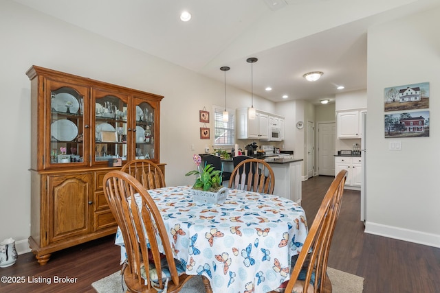 3105 Arbor Ridge Ln, New Albany, IN 47150 - dining room featuring dark wood-style flooring, lofted ceiling, and recessed lighting