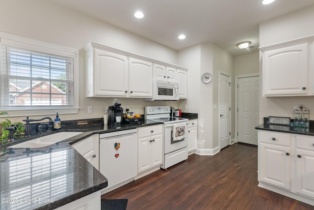 3105 Arbor Ridge Ln, New Albany, IN 47150 - kitchen featuring white appliances, dark wood finished floors, white cabinetry, recessed lighting, and dark stone counters