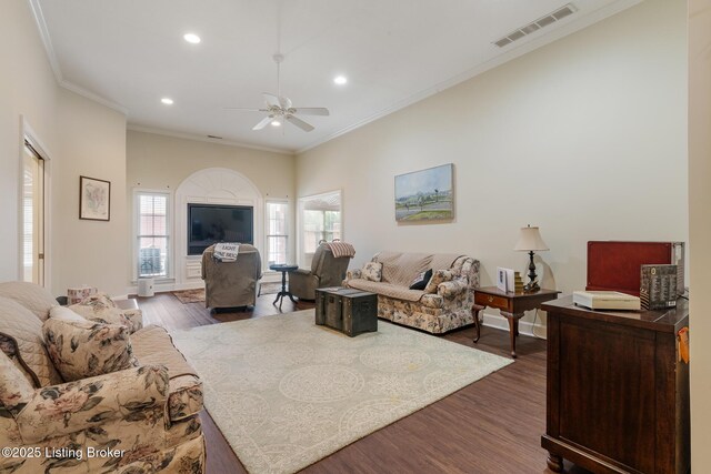 3105 Arbor Ridge Ln, New Albany, IN 47150 - living area featuring recessed lighting, ornamental molding, dark wood-style floors, and ceiling fan