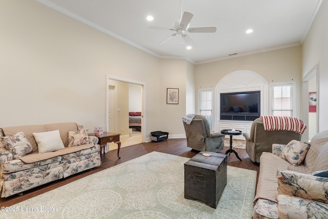 3105 Arbor Ridge Ln, New Albany, IN 47150 - living room with recessed lighting, ceiling fan, wood finished floors, and crown molding