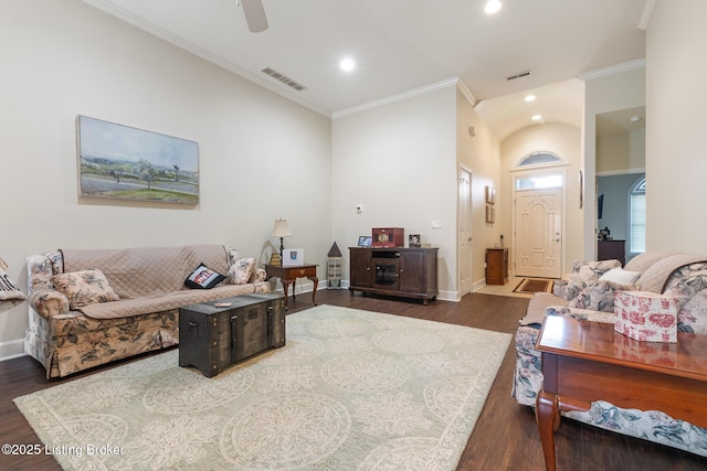 3105 Arbor Ridge Ln, New Albany, IN 47150 - living area with crown molding, wood finished floors, recessed lighting, and a ceiling fan