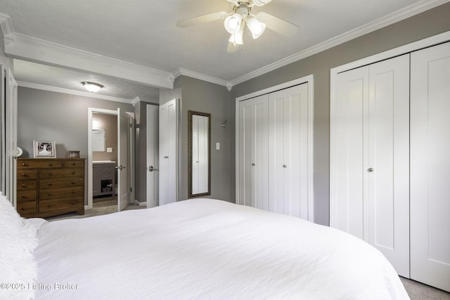 10703 Cedar Creek Rd, Louisville, KY 40229 - bedroom with carpet flooring, multiple closets, ornamental molding, ceiling fan, and ensuite bathroom