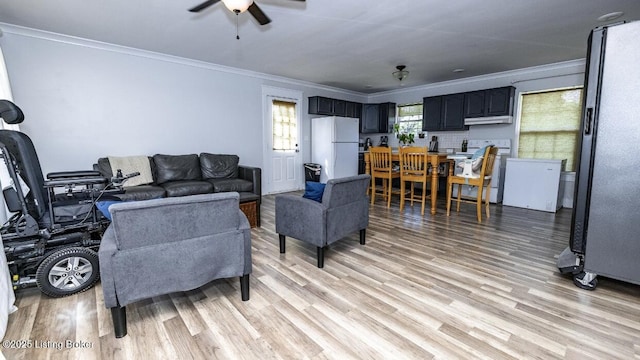 551 Tindale Dr, Taylorsville, KY 40071 - living room featuring crown molding, ceiling fan, and light wood-style floors