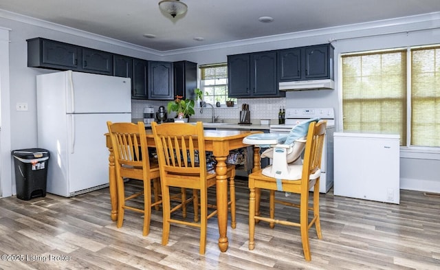 551 Tindale Dr, Taylorsville, KY 40071 - kitchen featuring white appliances, under cabinet range hood, ornamental molding, light wood-type flooring, and backsplash