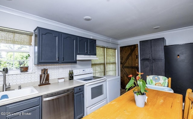 551 Tindale Dr, Taylorsville, KY 40071 - kitchen with dishwasher, white range with electric stovetop, under cabinet range hood, light countertops, and backsplash