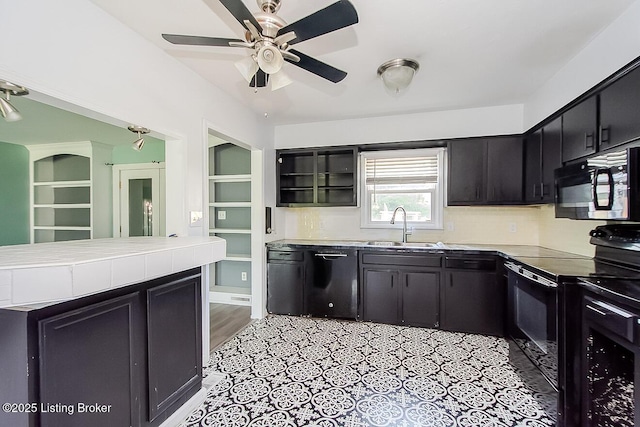 315 Tophill Dr, Shelbyville, KY 40065 - kitchen featuring black appliances, dark cabinets, ceiling fan, decorative backsplash, and light countertops