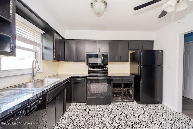 315 Tophill Dr, Shelbyville, KY 40065 - kitchen with black appliances, a ceiling fan, backsplash, and light countertops