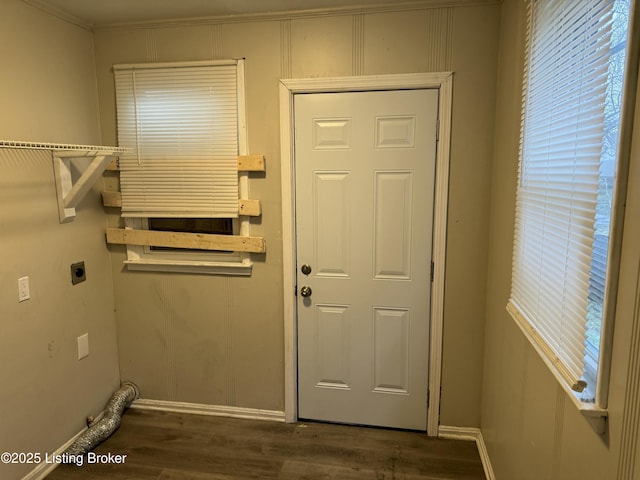 1851 Date St, Louisville, KY 40210 - washroom with hookup for an electric dryer, wood finished floors, and ornamental molding