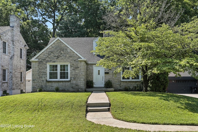 1724 Trevilian Way, Louisville, KY 40205 - view of front of property featuring stone siding, a front lawn, and a shingled roof