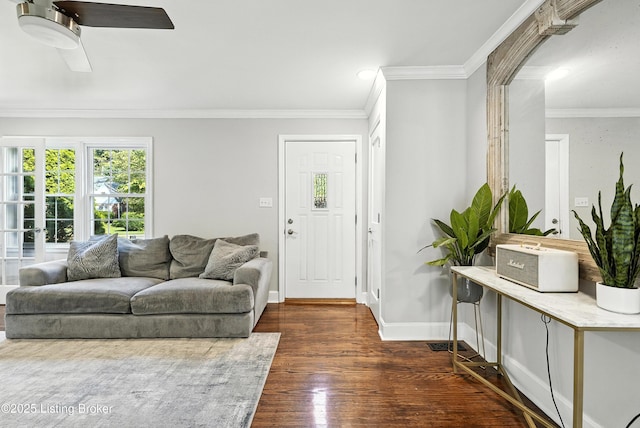 1724 Trevilian Way, Louisville, KY 40205 - living room with dark wood-type flooring, ornamental molding, ceiling fan, and recessed lighting